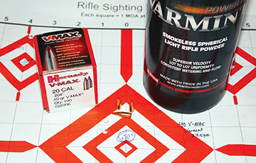Hornady’s 40-grain V-MAX and 27.5 grains of Alliant Power Pro Varmint made a great combination, producing a 1⁄2-MOA group with a muzzle velocity of 3,838 fps. All velocities were achieved without a hint of pressure signs.